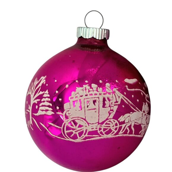 VTG Shiny Brite Stencil Stagecoach Pink Glass Christmas Ornament Horses Snow MCM - Picture 8 of 12